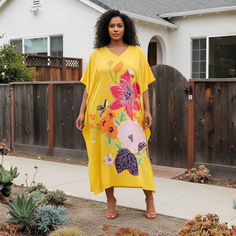 Gypsie Blu Floral Digital Printed Caftan Dress Plus Size Cover Up Maxi Dresses